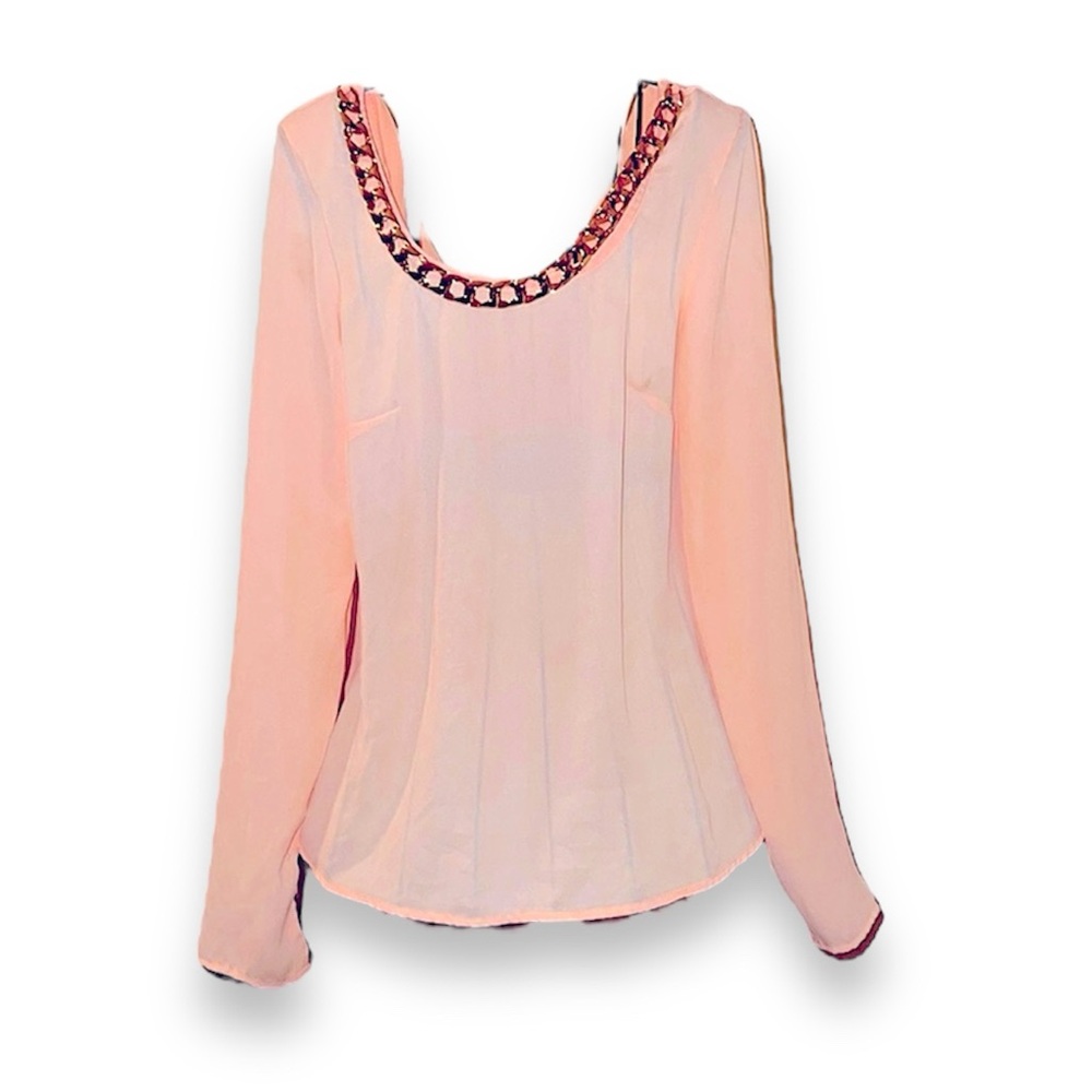 Charlotte Russe Size XS Sheer Dress Top Twist Back Rose Gold Chain Trim Collar